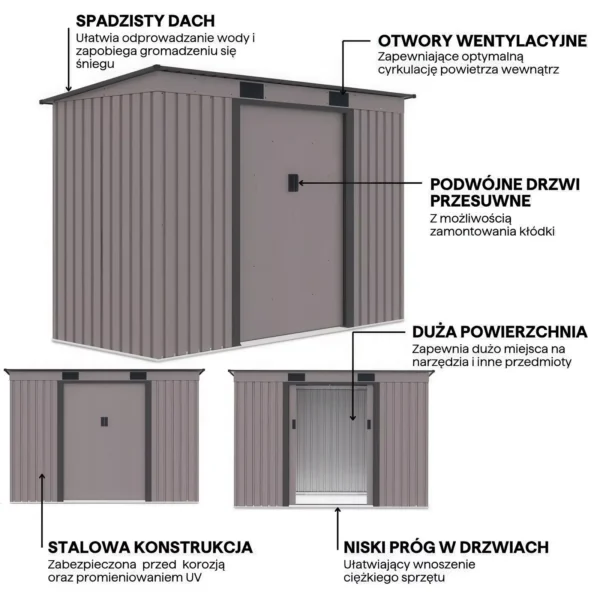 Domek metalowy ogrodowy Hardmaister Oregon 261 × 121 cm Warm Grey