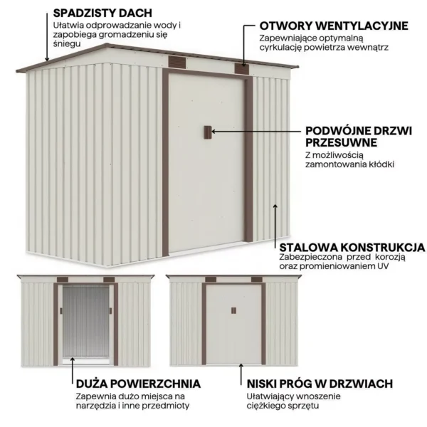 Domek metalowy ogrodowy Hardmaister Oregon 261 × 121 cm Beige