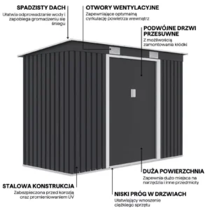 graphics_with_details_and_features_of_the_oregon_tool_house_261x121cm_ce31 Domek metalowy ogrodowy Hardmaister Oregon 261 × 121 cm Cold Grey
