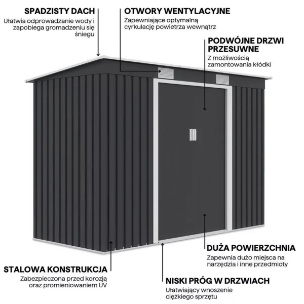 graphics_with_details_and_features_of_the_oregon_tool_house_261x121cm_ce31 Domek metalowy ogrodowy Hardmaister Oregon 261 × 121 cm Cold Grey