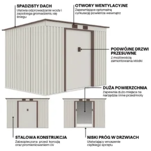 graphics_with_details_and_features_of_the_oregon_tool_house_261x171cm_c785 Domek metalowy ogrodowy Hardmaister Oregon 261 × 181 cm Beige