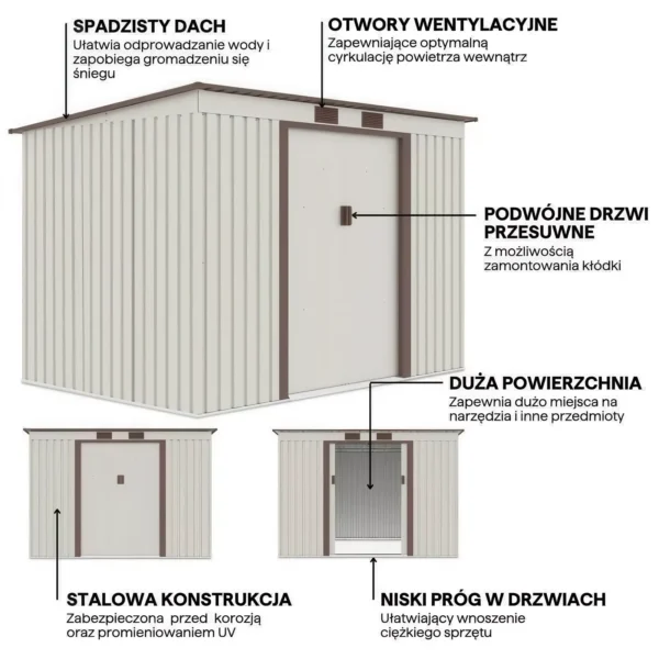 graphics_with_details_and_features_of_the_oregon_tool_house_261x171cm_c785 Domek metalowy ogrodowy Hardmaister Oregon 261 × 181 cm Beige