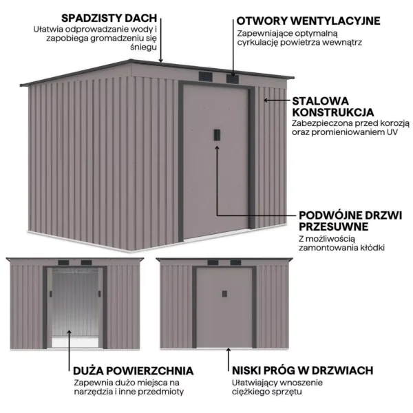 Domek metalowy ogrodowy Hardmaister Oregon 261 × 181 cm Warm Grey