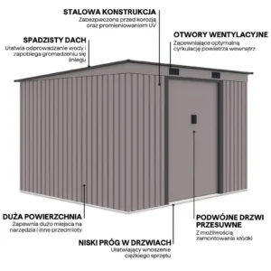 graphics_with_details_and_features_of_the_oregon_tool_house_261x241cm_1a2f Domek metalowy ogrodowy Hardmaister Oregon 261 × 241 cm Warm Grey