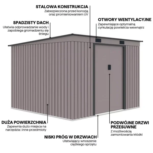 graphics_with_details_and_features_of_the_oregon_tool_house_261x241cm_1a2f Domek metalowy ogrodowy Hardmaister Oregon 261 × 241 cm Warm Grey