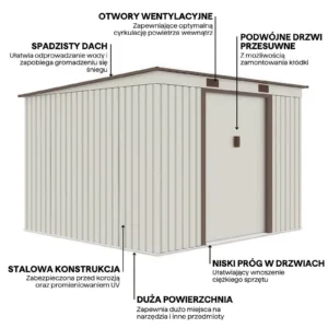 graphics_with_details_and_features_of_the_oregon_tool_house_261x241cm_567c Domek metalowy ogrodowy Hardmaister Oregon 261 × 241 cm Beige