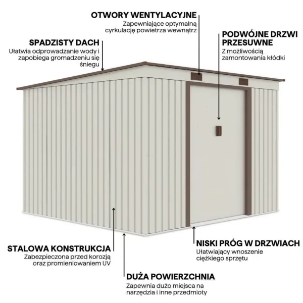 graphics_with_details_and_features_of_the_oregon_tool_house_261x241cm_567c Domek metalowy ogrodowy Hardmaister Oregon 261 × 241 cm Beige