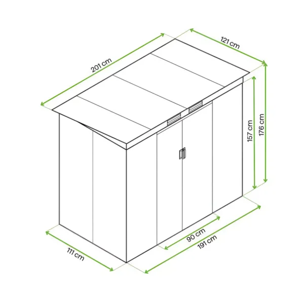 house_garden_OREGON_201x121_cm_dimensions_bd1f Domek metalowy ogrodowy Hardmaister Oregon 201 × 121 cm Cold Grey
