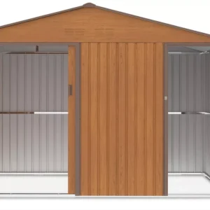 interior_view_of_house_garden_Falcon_Oak_Brown_open_doors_spacious_interior_3347 Domek metalowy ogrodowy Hardmaister Falcon 340 × 194 cm Oak Brown