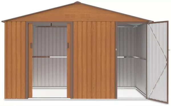 interior_view_of_house_garden_Falcon_Oak_Brown_open_doors_spacious_interior_3347 Domek metalowy ogrodowy Hardmaister Falcon 340 × 194 cm Oak Brown