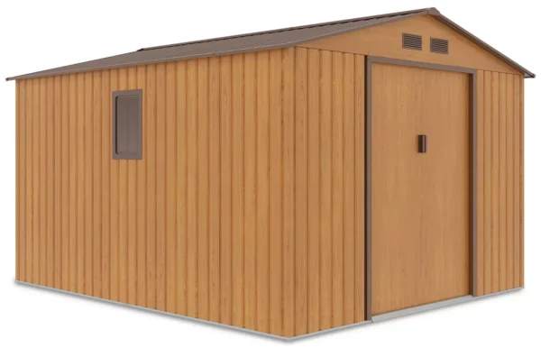 side_view_of_the_house_garden_Hudson_277x319_cm_Oak_Brown_Hardmaister_with_wind_e3bf Domek metalowy ogrodowy Hardmaister Hudson 277 × 319 cm Oak Brown