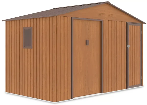 side_view_with_window_of_house_garden_Falcon_Oak_Brown_340x194_cm_Hardmaister_af3b Domek metalowy ogrodowy Hardmaister Falcon 340 × 194 cm Oak Brown