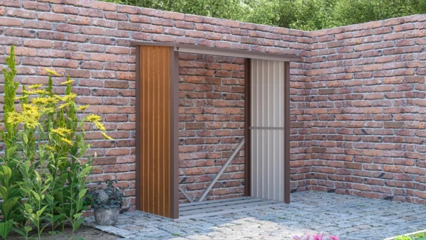 spring_arrangement_of_the_oak_brown_denver_woodshed_in_the_garden_2945 Drewutnia metalowa ogrodowa Hardmaister Denver 182 × 89 cm Oak Brown
