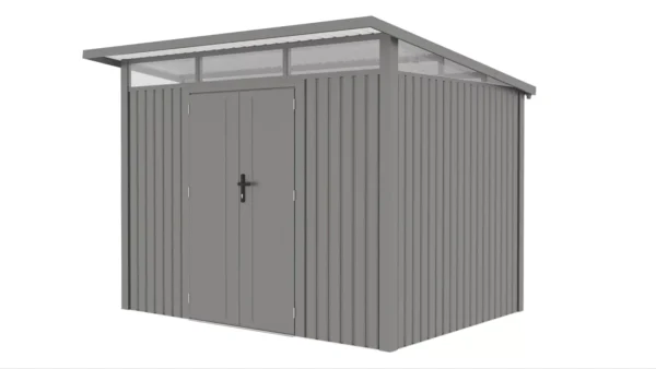 szary_domek_na_narzedzia_widziany_pod_katem_ujecie_z_ukosa_e197 Domek metalowy ogrodowy Hardmaister Portland 289 × 253 cm Grey Aluminium
