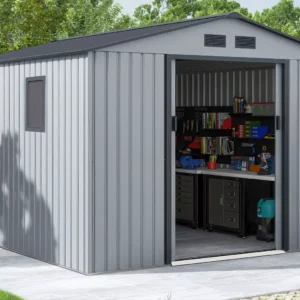 tool_house_Hudson_277x319_cm_Light_Grey_garden_arrangement_0726 Domek metalowy ogrodowy Hardmaister Hudson 277 × 319 cm Light Grey