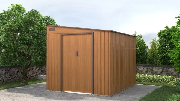 tool_house_Jasper_214x257_cm_Oak_Brown_in_garden_arrangement_0a61 Domek metalowy ogrodowy Hardmaister Jasper 214 × 257 cm Oak Brown