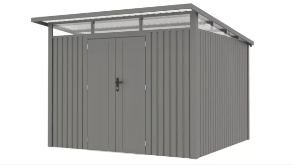 ujecie_z_ukosa_na_szary_stalowy_domek_narzedziowy_do_ogrodu_3ed3 Domek metalowy ogrodowy Hardmaister Portland 289 × 318 cm Grey Aluminium