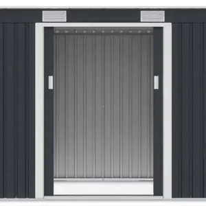 view_of_the_interior_of_the_oregon_261x121cm_cold_grey_tool_house_through_the_o_640c Domek metalowy ogrodowy Hardmaister Oregon 261 × 121 cm Cold Grey