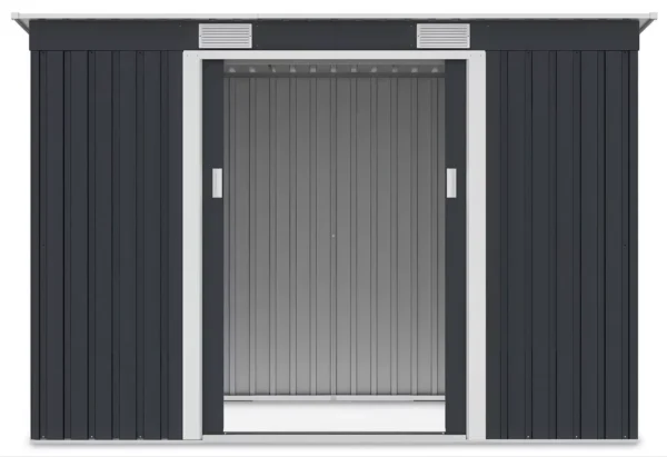view_of_the_interior_of_the_oregon_261x121cm_cold_grey_tool_house_through_the_o_640c Domek metalowy ogrodowy Hardmaister Oregon 261 × 121 cm Cold Grey