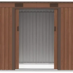 view_of_the_interior_of_the_oregon_261x121cm_walnut_tool_house_through_the_open_398d Domek metalowy ogrodowy Hardmaister Oregon 261 × 121 cm Walnut