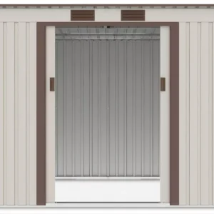 view_of_the_interior_of_the_oregon_261x171cm_beige_tool_house_through_the_open__6ea5 Domek metalowy ogrodowy Hardmaister Oregon 261 × 181 cm Beige