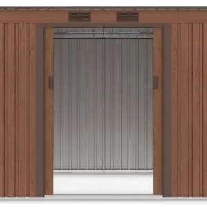 view_of_the_interior_of_the_oregon_261x171cm_walnut_tool_house_through_the_open_c727 Domek metalowy ogrodowy Hardmaister Oregon 261 × 181 cm Walnut