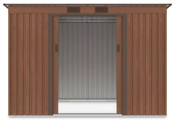 view_of_the_interior_of_the_oregon_261x171cm_walnut_tool_house_through_the_open_c727 Domek metalowy ogrodowy Hardmaister Oregon 261 × 181 cm Walnut