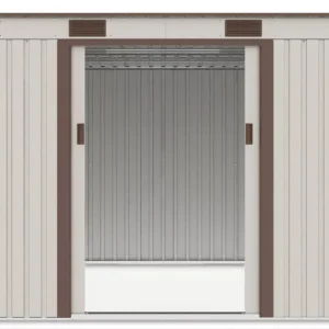 view_of_the_interior_of_the_oregon_261x241cm_beige_tool_house_through_the_open__f316 Domek metalowy ogrodowy Hardmaister Oregon 261 × 241 cm Beige