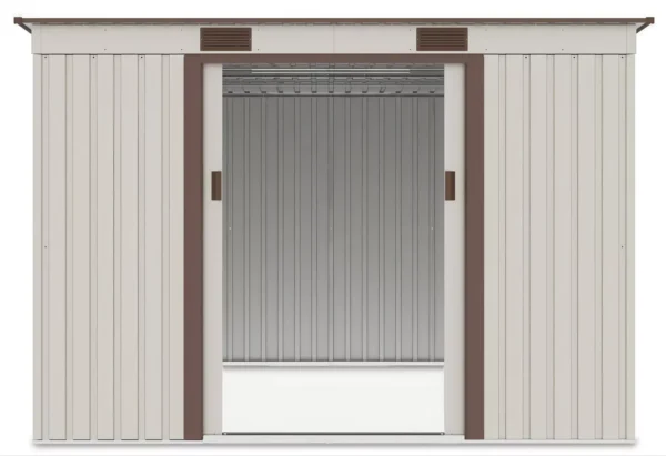 view_of_the_interior_of_the_oregon_261x241cm_beige_tool_house_through_the_open__f316 Domek metalowy ogrodowy Hardmaister Oregon 261 × 241 cm Beige
