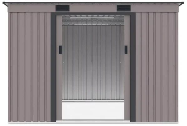view_of_the_interior_of_the_oregon_261x241cm_warm_grey_tool_house_through_the_o_a738 Domek metalowy ogrodowy Hardmaister Oregon 261 × 241 cm Warm Grey