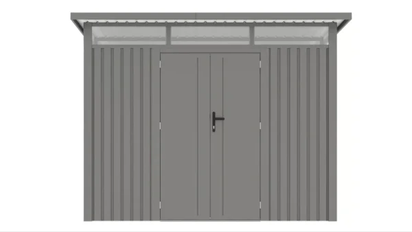 wejscie_do_szarego_domku_ogrodowego_hardmaister_widok_od_przodu_fb9b Domek metalowy ogrodowy Hardmaister Portland 289 × 253 cm Grey Aluminium