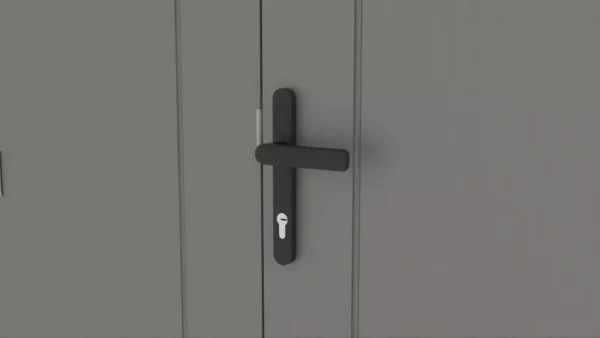 zblizenie_na_klamke_i_zamek_domku_narzedziowego_portland_ec4a Domek metalowy ogrodowy Hardmaister Portland 289 × 253 cm Grey Aluminium