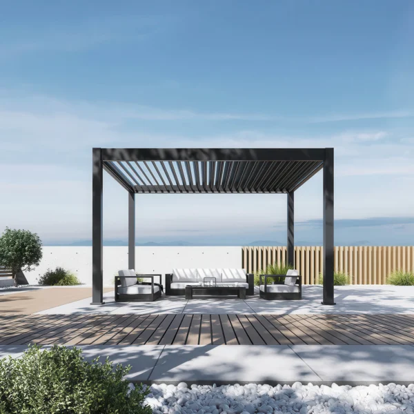 Pergola elektryczna tarasowa DELUXE PRO AUTOMATIC 3x4 z oświetleniem LED, Anthracite – Gutroof — zdjęcie główne wariantu Pergola elektryczna tarasowa DELUXE PRO AUTOMATIC 3x4 z oświetleniem LED, Anthracite – Gutroof — zdjęcie główne wariantu