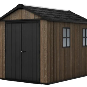 Domek narzędziowy Keter DECO APEX 759/975 w kolorze orzechowym z czarnymi drzwiami i oknami Domek narzędziowy Keter DECO APEX 759/975 w kolorze orzechowym z czarnymi drzwiami i oknami