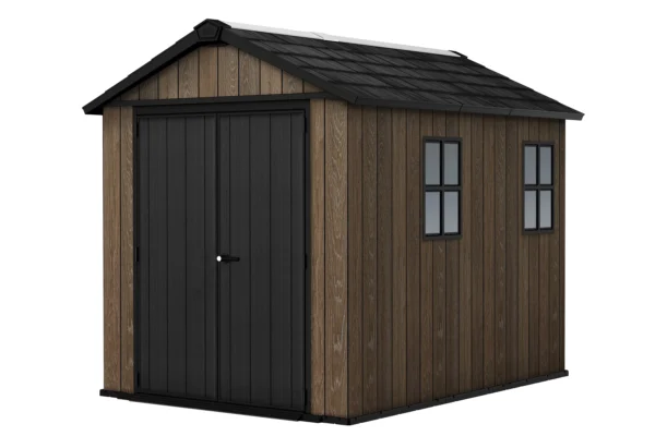Domek narzędziowy Keter DECO APEX 759/975 w kolorze orzechowym z czarnymi drzwiami i oknami Domek narzędziowy Keter DECO APEX 759/975 w kolorze orzechowym z czarnymi drzwiami i oknami