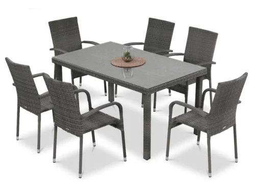 Zestaw mebli technorattanowych FIESTA/VENECJA 6+1 Dolphin Grey z prostokątnym stołem i sześcioma krzesłami z podłokietnikami Zestaw mebli technorattanowych FIESTA/VENECJA 6+1 Dolphin Grey z prostokątnym stołem i sześcioma krzesłami z podłokietnikami