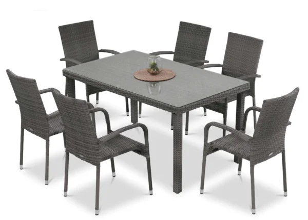 Zestaw mebli technorattanowych FIESTA/VENECJA 6+1 Dolphin Grey z prostokątnym stołem i sześcioma krzesłami z podłokietnikami Zestaw mebli technorattanowych FIESTA/VENECJA 6+1 Dolphin Grey z prostokątnym stołem i sześcioma krzesłami z podłokietnikami