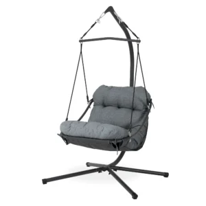 Szary fotel wiszący ORINOKO Grey Bjørkka z miękką poduszką na czarnym stelażu na białym tle Szary fotel wiszący ORINOKO Grey Bjørkka z miękką poduszką na czarnym stelażu na białym tle
