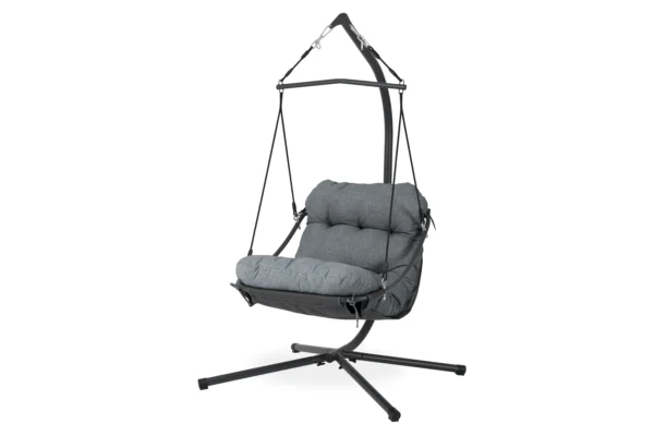 Szary fotel wiszący ORINOKO Grey Bjørkka z miękką poduszką na czarnym stelażu na białym tle Szary fotel wiszący ORINOKO Grey Bjørkka z miękką poduszką na czarnym stelażu na białym tle