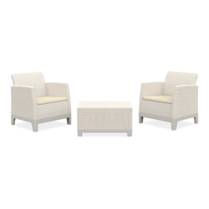 Meble balkonowe Scandi Forma Keter w kolorze Pebble Grey-Soft Beige z dwoma fotelami i stolikiem Meble balkonowe Scandi Forma Keter w kolorze Pebble Grey-Soft Beige z dwoma fotelami i stolikiem