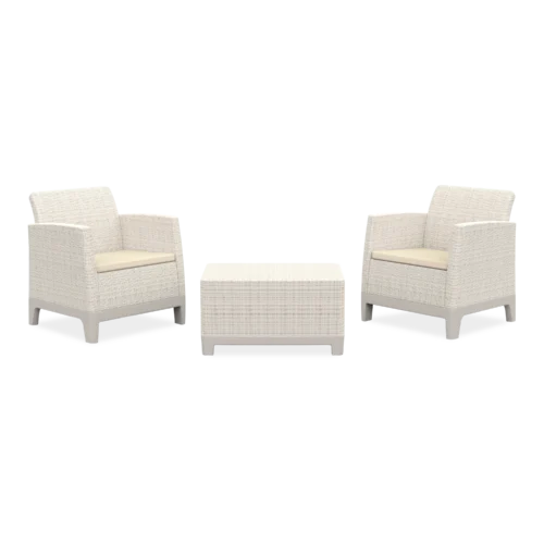 Meble balkonowe Scandi Forma Keter w kolorze Pebble Grey-Soft Beige z dwoma fotelami i stolikiem