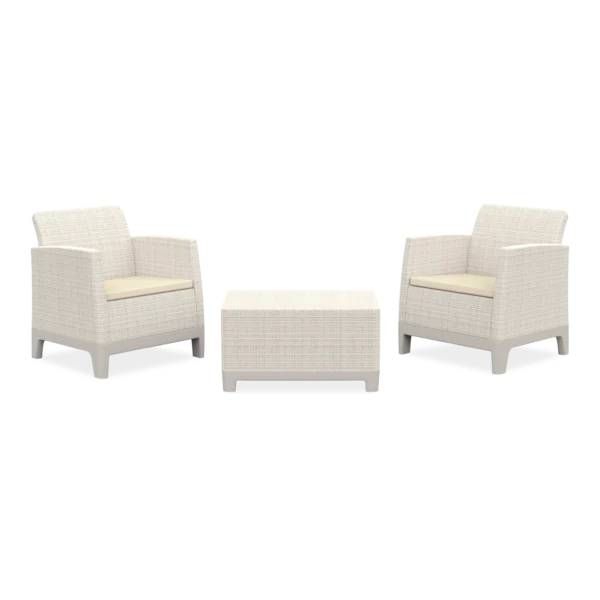 Meble balkonowe Scandi Forma Keter w kolorze Pebble Grey-Soft Beige z dwoma fotelami i stolikiem Meble balkonowe Scandi Forma Keter w kolorze Pebble Grey-Soft Beige z dwoma fotelami i stolikiem