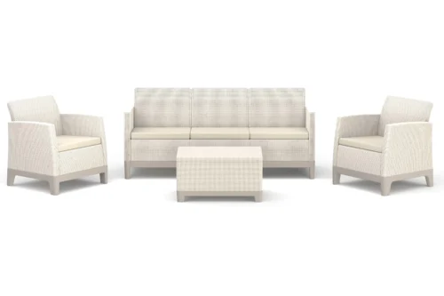 Zestaw mebli ogrodowych Keter Scandi Forma z sofą dwuosobową, dwoma fotelami i pufą w kolorze Pebble Grey-Soft Beige