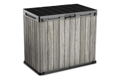 Szary organizer do ogrodu SIO Darwin 1150L Storm Grey marki Keter z czarną pokrywą na białym tle