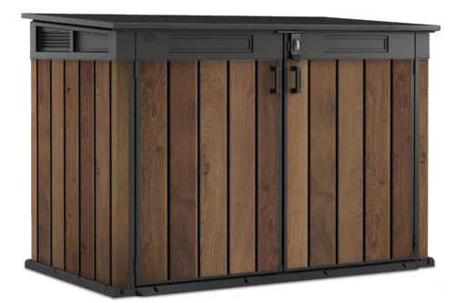 Szafa ogrodowa Keter Deco Horizontal 2020l Walnut z ciemnoszarymi elementami i strukturą imitującą drewno