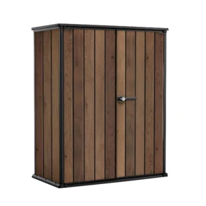 Szafa ogrodowa Keter Deco Vertical 1400L Walnut o strukturze drewna z czarnymi wykończeniami i zamykanymi dwuskrzydłowymi drzwiami