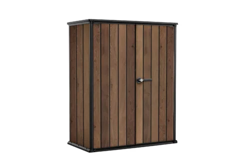 Szafa ogrodowa Keter Deco Vertical 1400L Walnut o strukturze drewna z czarnymi wykończeniami i zamykanymi dwuskrzydłowymi drzwiami