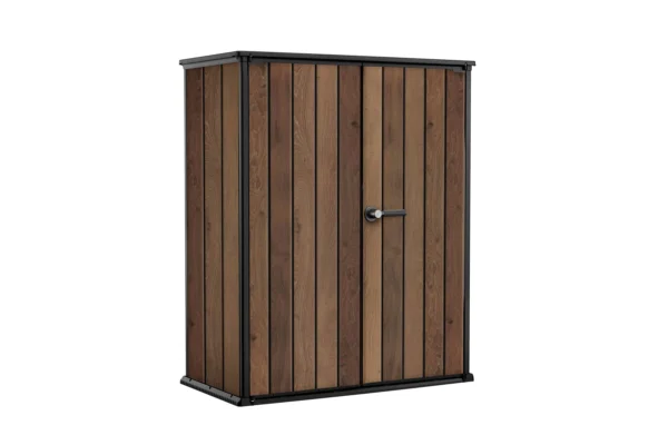 Szafa ogrodowa Keter Deco Vertical 1400L Walnut o strukturze drewna z czarnymi wykończeniami i zamykanymi dwuskrzydłowymi drzwiami