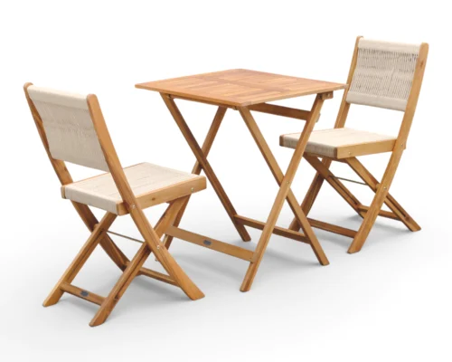 Zestaw drewniany na balkon SOMA BALCONY ACACIA WOOD Bjørkka składający się ze składanego stołu i dwóch krzeseł z plecionką Zestaw drewniany na balkon SOMA BALCONY ACACIA WOOD Bjørkka składający się ze składanego stołu i dwóch krzeseł z plecionką