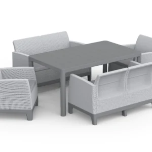 Zestaw mebli ogrodowych SCANDI DINING FIESTA Keter w kolorze Ash Grey-Storm Grey z jasnoszarymi poduszkami Zestaw mebli ogrodowych SCANDI DINING FIESTA Keter w kolorze Ash Grey-Storm Grey z jasnoszarymi poduszkami